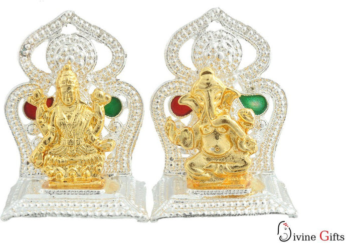 Divine Gifts & Artificial Jewellery Laxmi Ganesha Silver Twins Big Mandir Stand Showpiece  -  4 cm