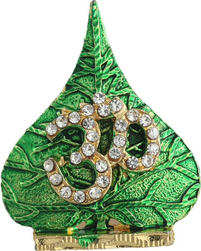Divine Gifts Artificial Jewellery Om On Green Leaf With Stone Showpiece 4 cm